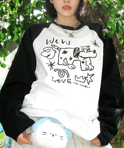 MEMECLE(メメクル)の「【 MEMECLE / メメクル 】ドッグプリント ロゴ ラグラン ロンT(Tシャツ/カットソー・レディース・ブラック・SMALL/MEDIUM/LARGE)」の7枚目の写真