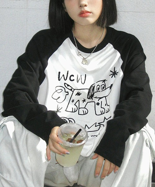MEMECLE(メメクル)の「【 MEMECLE / メメクル 】ドッグプリント ロゴ ラグラン ロンT(Tシャツ/カットソー・レディース・ブラック・SMALL/MEDIUM/LARGE)」の8枚目の写真