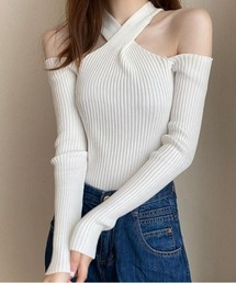 ニットトップス ホルターネック肩出しニット オフィスカジュアル きれいめカジュアル レディース韓国