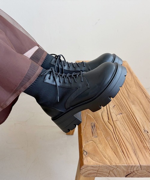 ORiental TRaffic（オリエンタルトラフィック）の「厚底 ニット ソックス レースアップ ブーツ /51404（ブーツ・レディース・ブラック/ブラウン・S/M/L/LL/3L/SS）」の3枚目の写真