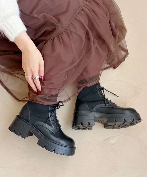 ORiental TRaffic（オリエンタルトラフィック）の「厚底 ニット ソックス レースアップ ブーツ /51404（ブーツ・レディース・ブラック/ブラウン・S/M/L/LL/3L/SS）」の4枚目の写真