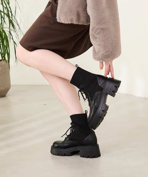 セール】厚底 ニット ソックス レースアップ ブーツ /51404（ブーツ