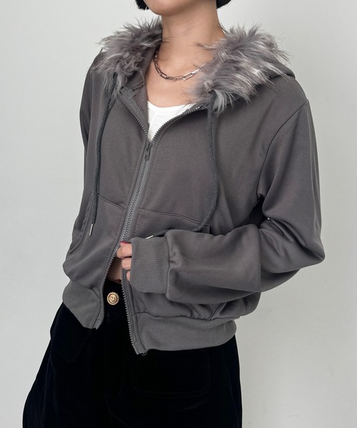 blancvert ファー付きダークグレーパーカー セール】ファー付きジップアップパーカー フーディー（パーカー）｜SEN
