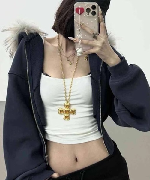 SEN TOKYO(セントーキョー)の「ファーフードクロップドジップアップパーカー(パーカー・レディース・ネイビー/ブラック/グレー・MEDIUM)」の4枚目の写真