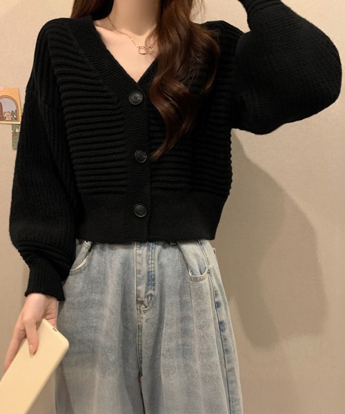 Miniministore(ミニミニストア)の「ニットカーディガン ショート丈 韓国風(ニット/セーター・レディース・ブラック/アイボリー・FREE)」の3枚目の写真