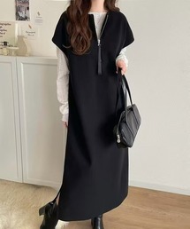 Vネック スリット ウール ベストドレス