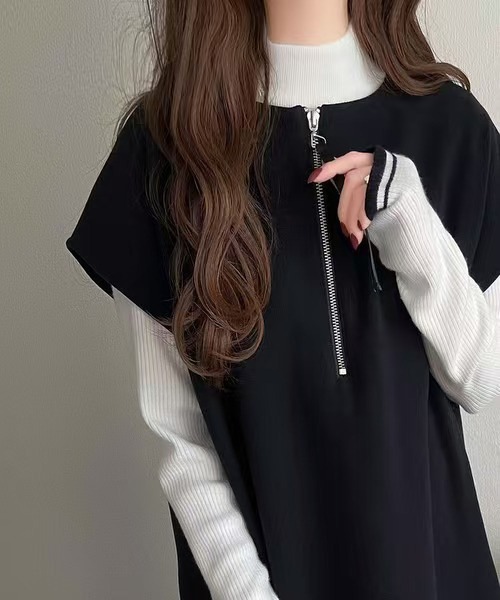 MAISON DE THERESE（メゾン ド テレーズ）の「Vネック スリット ウール ベストドレス（ドレス・レディース・ブラック/ベージュ・M）」の4枚目の写真