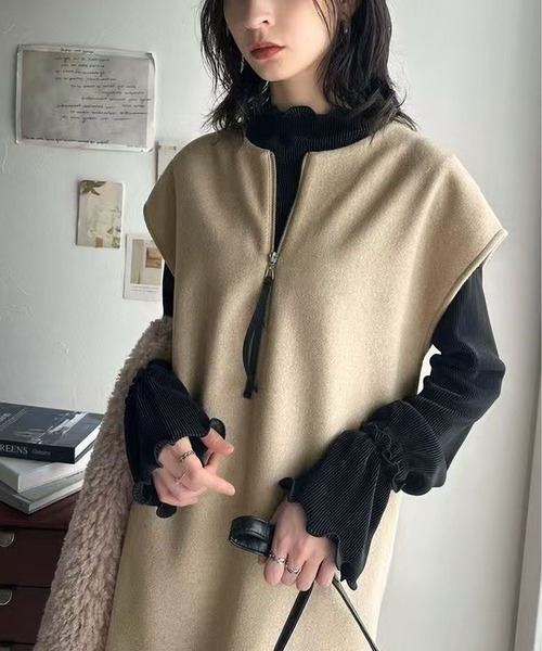 MAISON DE THERESE（メゾン ド テレーズ）の「Vネック スリット ウール ベストドレス（ドレス・レディース・ブラック/ベージュ・M）」の9枚目の写真