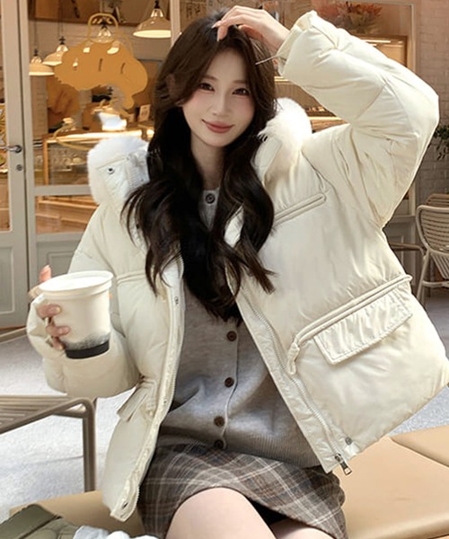 フェイクファー付きフードショート丈中綿ジャケット（その他アウター