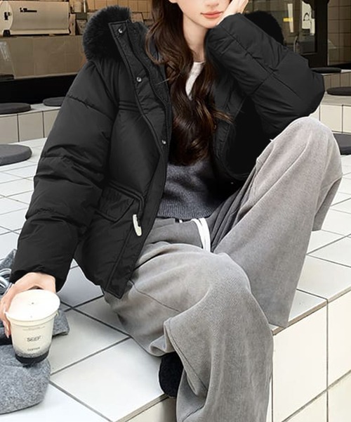 セール】フェイクファー付きフードショート丈中綿ジャケット（その他