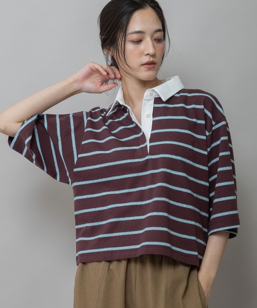 Munich(ミューニック)の「オールドコットンボーダージャージーポロシャツ(Tシャツ/カットソー・レディース・ボルドー/クリーム/ブラック・FREE)」の3枚目の写真