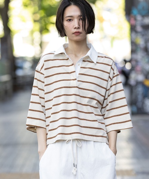 Munich(ミューニック)の「オールドコットンボーダージャージーポロシャツ(Tシャツ/カットソー・レディース・ボルドー/クリーム/ブラック・FREE)」の10枚目の写真