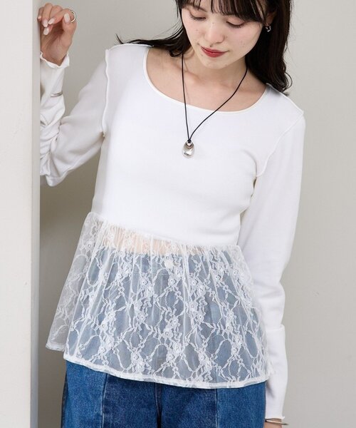 mystic(ミスティック)の「【レイヤードスタイルに◎】レースドッキングロンT(Tシャツ/カットソー・レディース・ブラック/オフホワイト・FREE)」の1枚目の写真