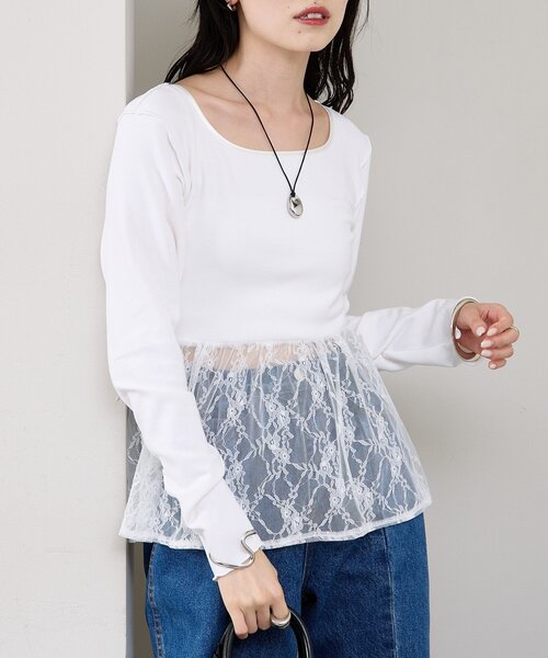 mystic(ミスティック)の「【レイヤードスタイルに◎】レースドッキングロンT(Tシャツ/カットソー・レディース・ブラック/オフホワイト・FREE)」の3枚目の写真