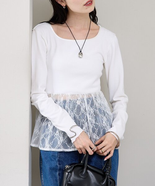 mystic(ミスティック)の「【レイヤードスタイルに◎】レースドッキングロンT(Tシャツ/カットソー・レディース・ブラック/オフホワイト・FREE)」の4枚目の写真