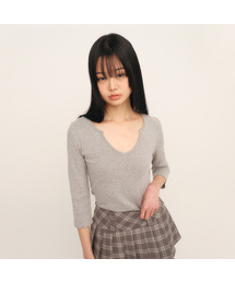 C 90S LINE SLIT NECK T-SHIRT_GREY