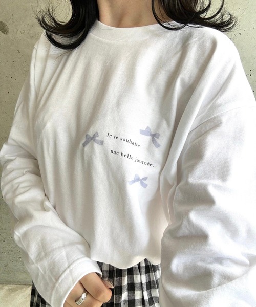 etta(エタ)の「ガーリーリボンプリントロンT/長袖Tシャツ(Tシャツ/カットソー・レディース・ピンク/ブルー・MEDIUM/LARGE/SMALL)」の7枚目の写真