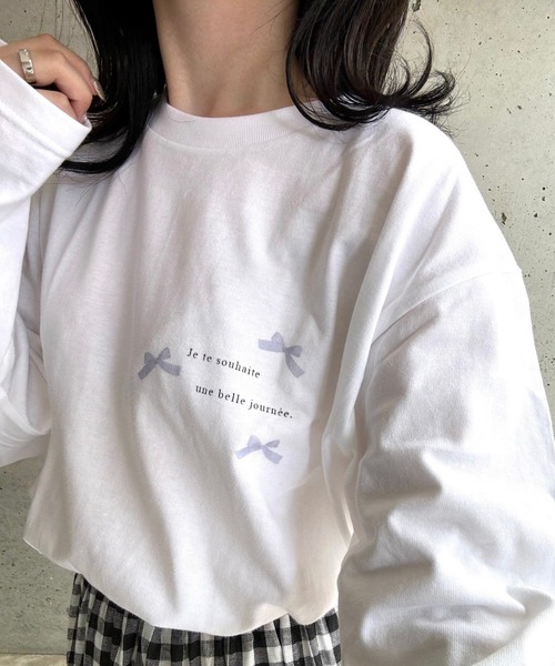 etta(エタ)の「ガーリーリボンプリントロンT/長袖Tシャツ(Tシャツ/カットソー・レディース・ピンク/ブルー・MEDIUM/LARGE/SMALL)」の8枚目の写真