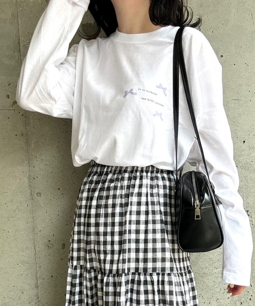 etta(エタ)の「ガーリーリボンプリントロンT/長袖Tシャツ(Tシャツ/カットソー・レディース・ピンク/ブルー・MEDIUM/LARGE/SMALL)」の13枚目の写真