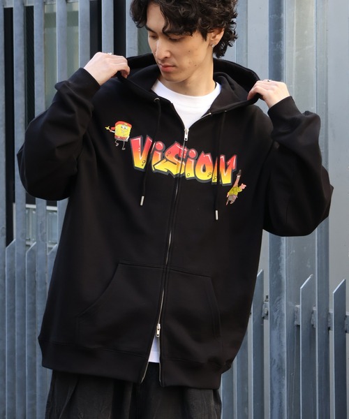 VISION STREET WEAR(ヴィジョンストリートウェア)の「【VISION STREET WEAR/ヴィジョンストリートウェア】×【SpongeBob/スポンジボブ】ロゴ ジップ フーディー パーカー(パーカー・メンズ・ライトグレー/ブルー/ブラック・LL/L/M)」の2枚目の写真