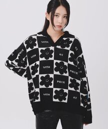 DAISY CHECKERBOARD POLO KNIT SWEATER (BLACK)