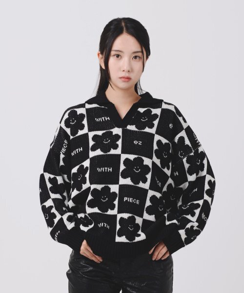 PIECEMAKER（ピースメーカー）の「DAISY CHECKERBOARD POLO KNIT SWEATER (BLACK)（ニット/セーター・レディース・その他・FREE）」の2枚目の写真