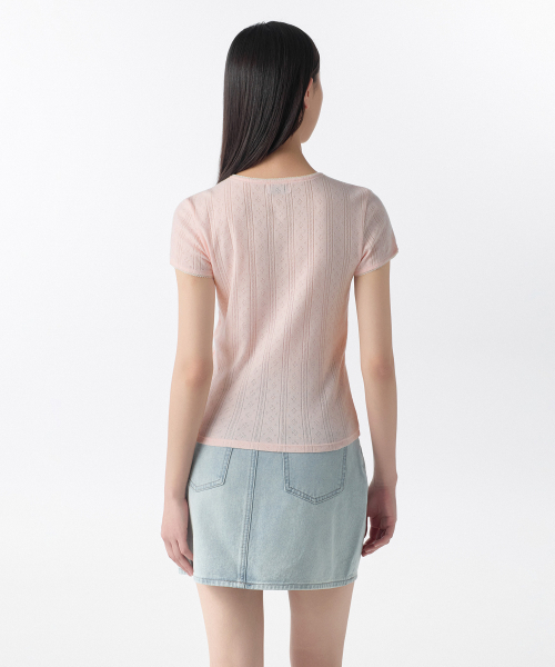MUSINSA STANDARD WOMAN（ムシンサスタンダードウーマン）の「ウィメンズポイントレースクルーネックTシャツ[ライトピンク]（Tシャツ/カットソー・レディース・その他・SMALL/MEDIUM/X-SMALL/LARGE）」の2枚目の写真