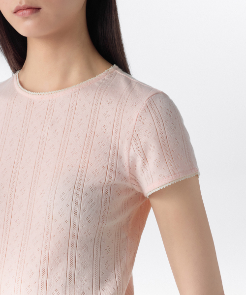 MUSINSA STANDARD WOMAN（ムシンサスタンダードウーマン）の「ウィメンズポイントレースクルーネックTシャツ[ライトピンク]（Tシャツ/カットソー・レディース・その他・SMALL/MEDIUM/X-SMALL/LARGE）」の4枚目の写真