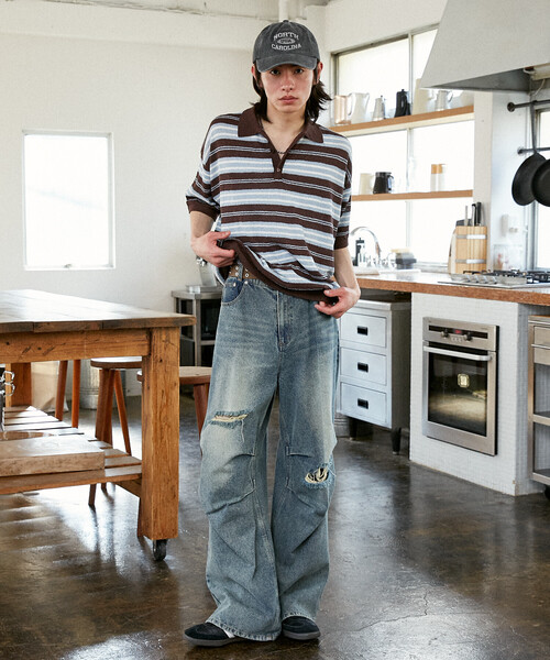 PUBLUX（パブリュクス）の「PUBLUX/パブリュクス LOVE POP STUDIO　ボーダー ニット ポロシャツ　限定展開（ポロシャツ・メンズ・ブラウン/ネイビー・LARGE/MEDIUM/SMALL）」の6枚目の写真