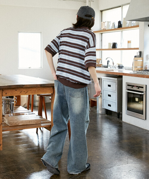 PUBLUX（パブリュクス）の「PUBLUX/パブリュクス LOVE POP STUDIO　ボーダー ニット ポロシャツ　限定展開（ポロシャツ・メンズ・ブラウン/ネイビー・LARGE/MEDIUM/SMALL）」の7枚目の写真