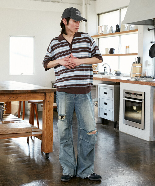 PUBLUX（パブリュクス）の「PUBLUX/パブリュクス LOVE POP STUDIO　ボーダー ニット ポロシャツ　限定展開（ポロシャツ・メンズ・ブラウン/ネイビー・LARGE/MEDIUM/SMALL）」の8枚目の写真