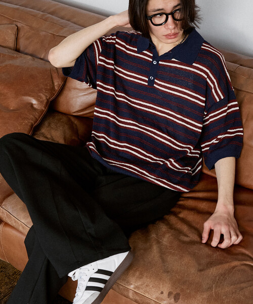 PUBLUX（パブリュクス）の「PUBLUX/パブリュクス LOVE POP STUDIO　ボーダー ニット ポロシャツ　限定展開（ポロシャツ・メンズ・ブラウン/ネイビー・LARGE/MEDIUM/SMALL）」の14枚目の写真