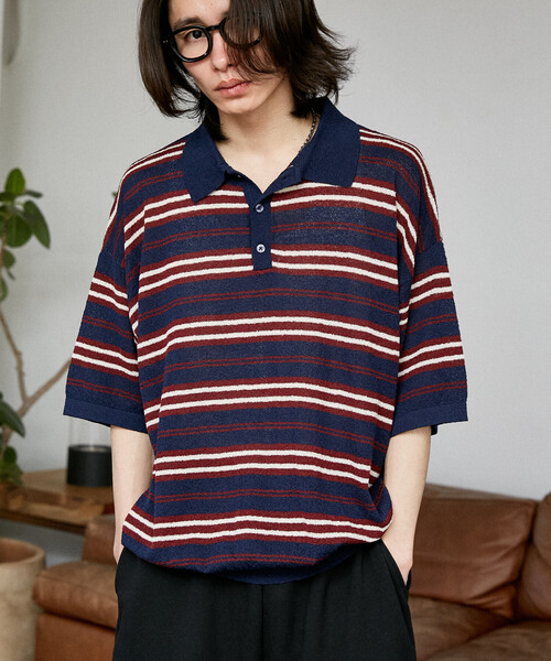 PUBLUX（パブリュクス）の「PUBLUX/パブリュクス LOVE POP STUDIO　ボーダー ニット ポロシャツ　限定展開（ポロシャツ・メンズ・ブラウン/ネイビー・LARGE/MEDIUM/SMALL）」の18枚目の写真