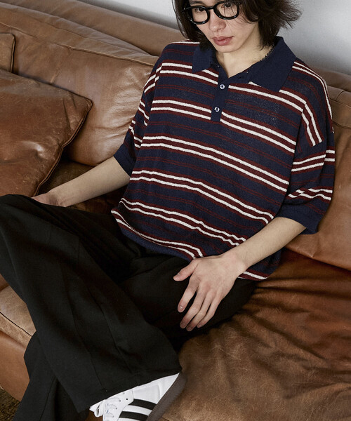 PUBLUX（パブリュクス）の「PUBLUX/パブリュクス LOVE POP STUDIO　ボーダー ニット ポロシャツ　限定展開（ポロシャツ・メンズ・ブラウン/ネイビー・LARGE/MEDIUM/SMALL）」の19枚目の写真