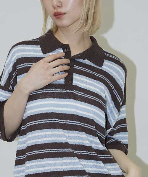 PUBLUX(パブリュクス)の「PUBLUX/パブリュクス LOVE POP STUDIO ボーダー ニット ポロシャツ 限定展開(ポロシャツ・メンズ・ブラウン/ネイビー・LARGE/MEDIUM/SMALL)」の11枚目の写真