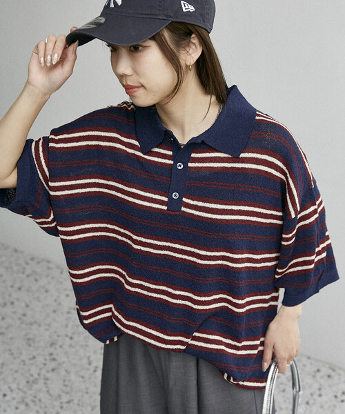 PUBLUX(パブリュクス)の「PUBLUX/パブリュクス LOVE POP STUDIO ボーダー ニット ポロシャツ 限定展開(ポロシャツ・メンズ・ブラウン/ネイビー・LARGE/MEDIUM/SMALL)」の16枚目の写真
