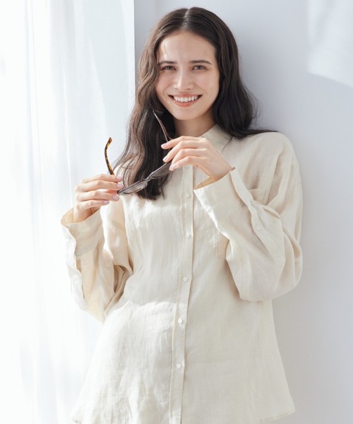 Mila Owen（ミラオーウェン）の「ポケット付きフレンチリネンシャツ（シャツ/ブラウス・レディース・ライトピンク/ライトベージュ/ミント/ブラウン/ホワイト/イエロー/オレンジ/グリーン・F）」の3枚目の写真