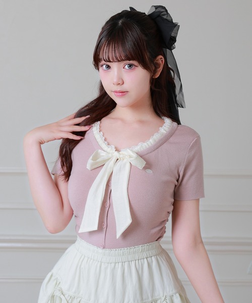 Anely（アネリー）の「配色 ボウタイリボン レース 半袖 ニット トップス（ニット/セーター・レディース・ブラック/グレー/ピンク・FREE）」の3枚目の写真