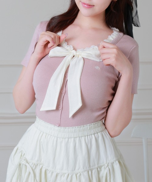 Anely（アネリー）の「配色 ボウタイリボン レース 半袖 ニット トップス（ニット/セーター・レディース・ブラック/グレー/ピンク・FREE）」の20枚目の写真