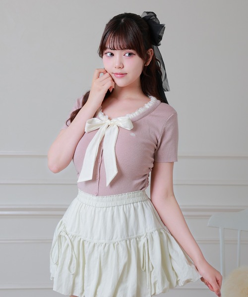 Anely（アネリー）の「配色 ボウタイリボン レース 半袖 ニット トップス（ニット/セーター・レディース・ブラック/グレー/ピンク・FREE）」の18枚目の写真