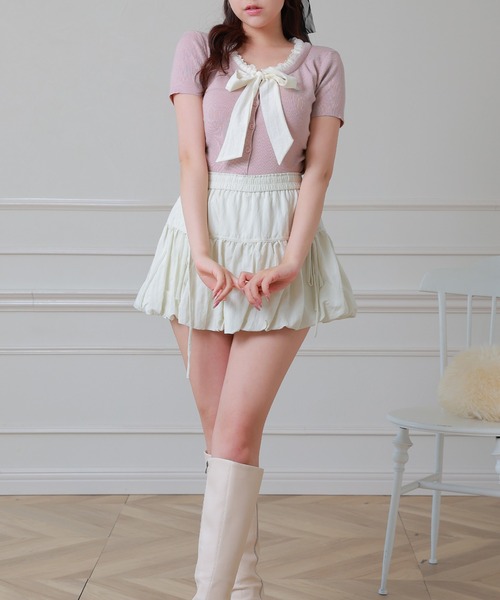 Anely（アネリー）の「配色 ボウタイリボン レース 半袖 ニット トップス（ニット/セーター・レディース・ブラック/グレー/ピンク・FREE）」の17枚目の写真