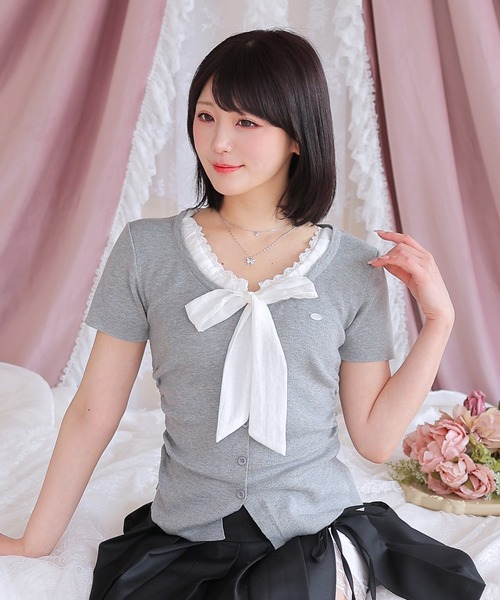 Anely（アネリー）の「配色 ボウタイリボン レース 半袖 ニット トップス（ニット/セーター・レディース・ブラック/グレー/ピンク・FREE）」の14枚目の写真