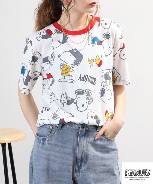PEANUTS(ピーナッツ)の「PEANUTS 総柄プリント半袖リンガーTシャツ(Tシャツ/カットソー・レディース・ホワイト/ミント/ネイビー・L/M/LL)」の11枚目の写真