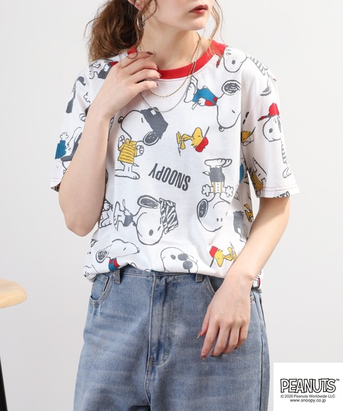 PEANUTS(ピーナッツ)の「PEANUTS 総柄プリント半袖リンガーTシャツ(Tシャツ/カットソー・レディース・ホワイト/ミント/ネイビー・L/M/LL)」の12枚目の写真