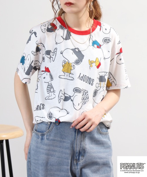 PEANUTS(ピーナッツ)の「PEANUTS 総柄プリント半袖リンガーTシャツ(Tシャツ/カットソー・レディース・ホワイト/ミント/ネイビー・L/M/LL)」の13枚目の写真