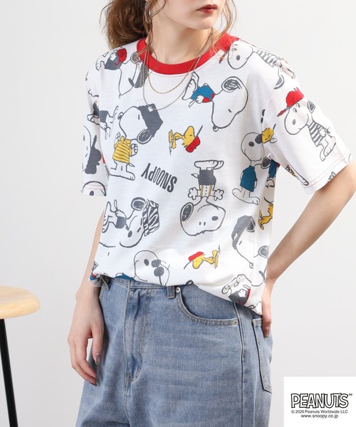 PEANUTS(ピーナッツ)の「PEANUTS 総柄プリント半袖リンガーTシャツ(Tシャツ/カットソー・レディース・ホワイト/ミント/ネイビー・L/M/LL)」の14枚目の写真