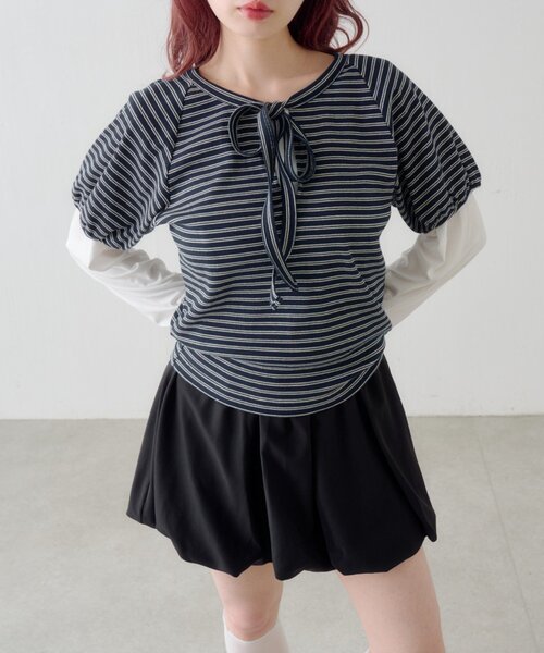 Kastane(カスタネ)の「ボウタイボーダーtee(Tシャツ/カットソー・レディース・ネイビー/グレー/オフホワイト・FREE)」の3枚目の写真