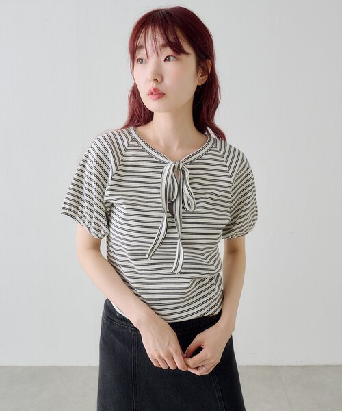 Kastane(カスタネ)の「ボウタイボーダーtee(Tシャツ/カットソー・レディース・ネイビー/グレー/オフホワイト・FREE)」の4枚目の写真