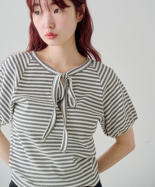 Kastane(カスタネ)の「ボウタイボーダーtee(Tシャツ/カットソー・レディース・ネイビー/グレー/オフホワイト・FREE)」の7枚目の写真
