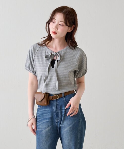 Kastane(カスタネ)の「ボウタイボーダーtee(Tシャツ/カットソー・レディース・ネイビー/グレー/オフホワイト・FREE)」の20枚目の写真